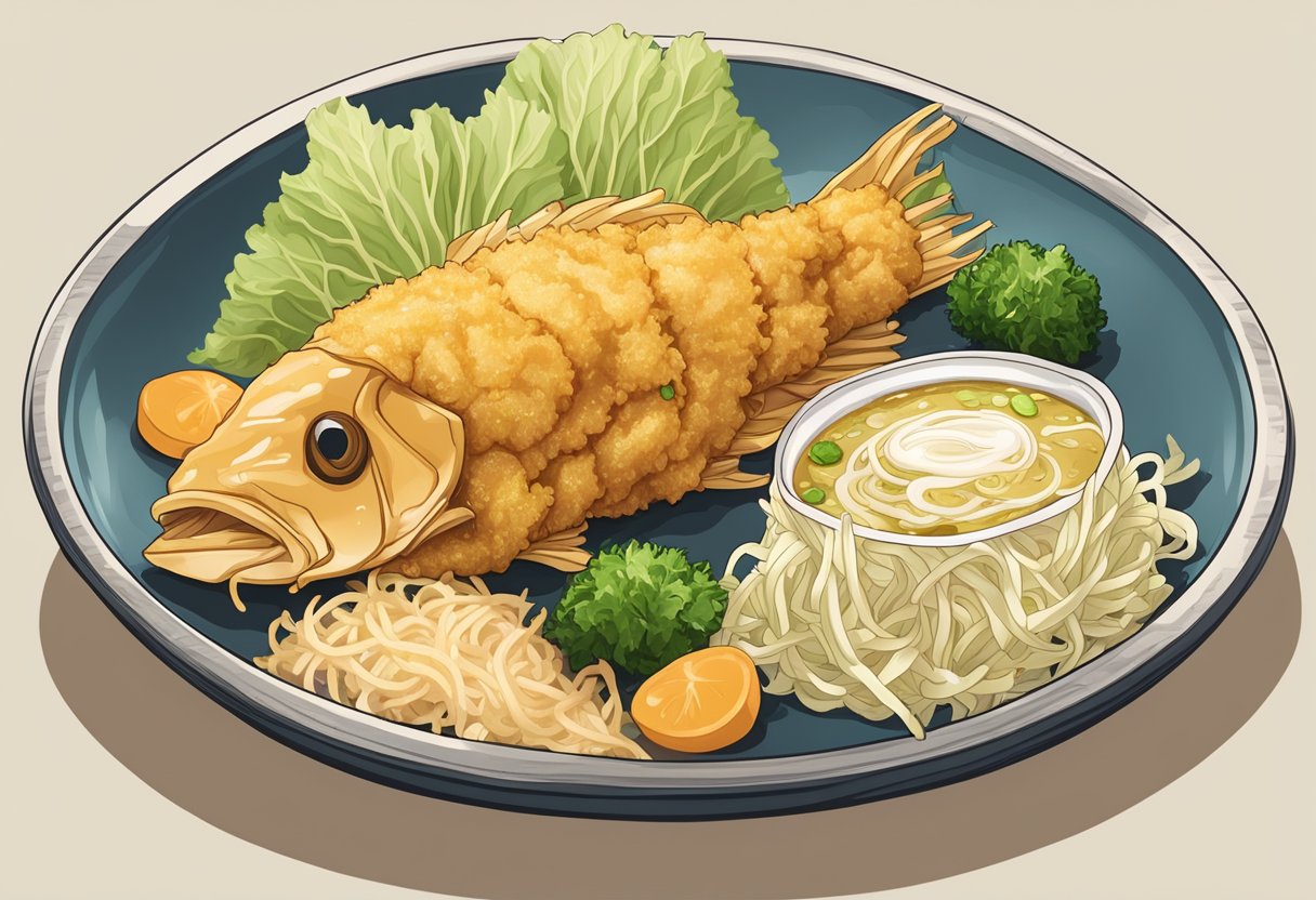 A golden-brown tempura fish being dipped in sauce with a side of pickled ginger and shredded cabbage