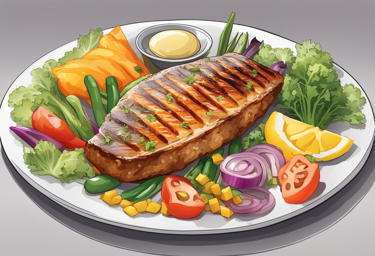 A sizzling fish steak rests on a white plate, surrounded by colorful vegetable accompaniments