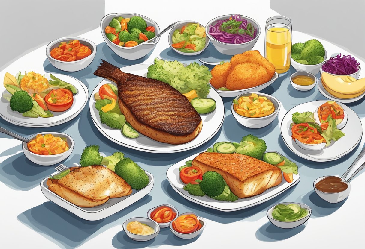A sizzling fish steak surrounded by a variety of colorful and appetizing side dishes on a clean, white plate