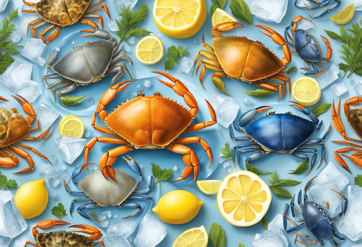 A variety of crabs, including blue crabs and Dungeness crabs, are displayed on a bed of ice, surrounded by lemon wedges and fresh herbs