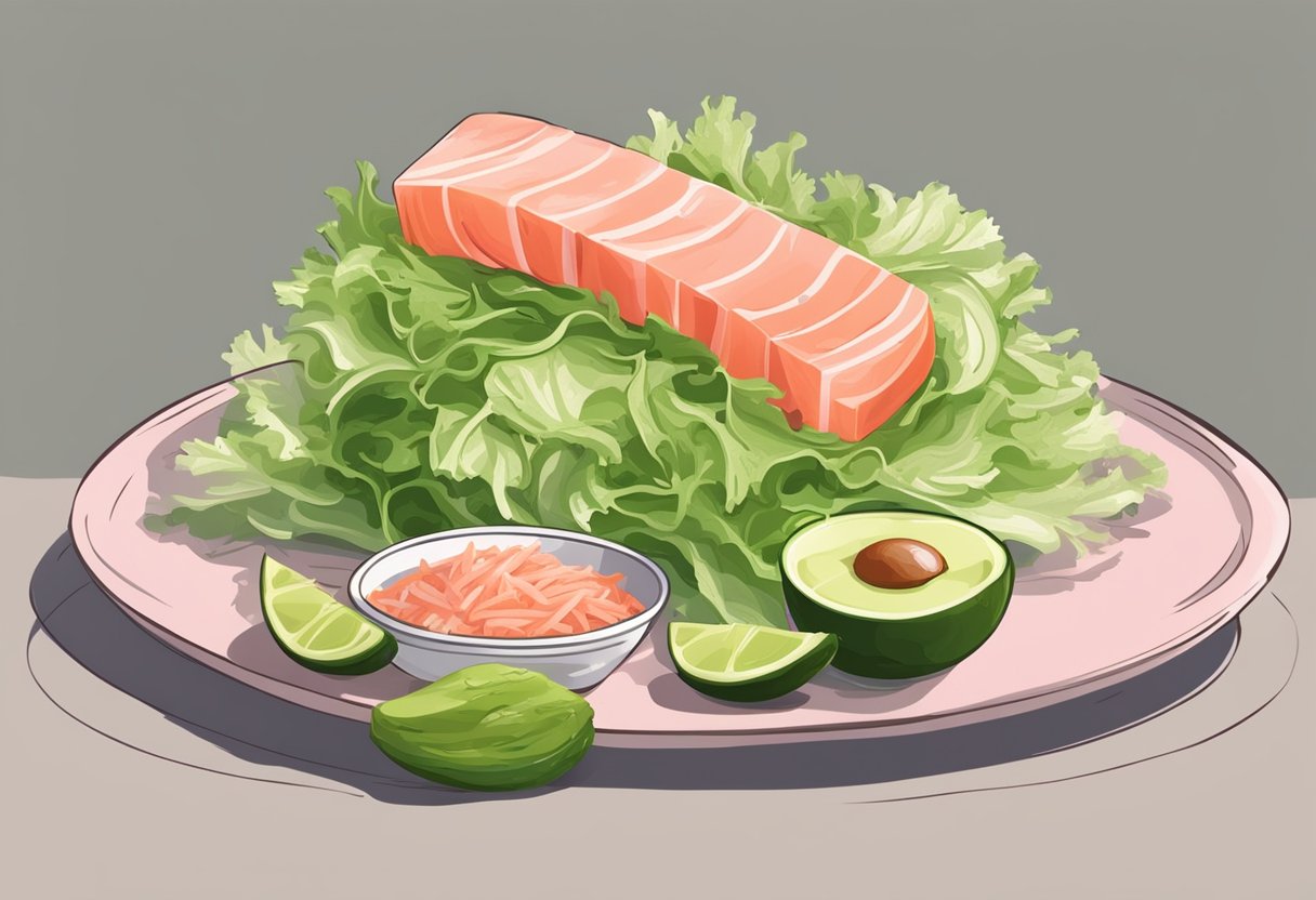 A crab stick lies on a bed of shredded lettuce, surrounded by slices of cucumber and avocado. The stick is slightly curved, with a smooth, shiny surface and faint pink color