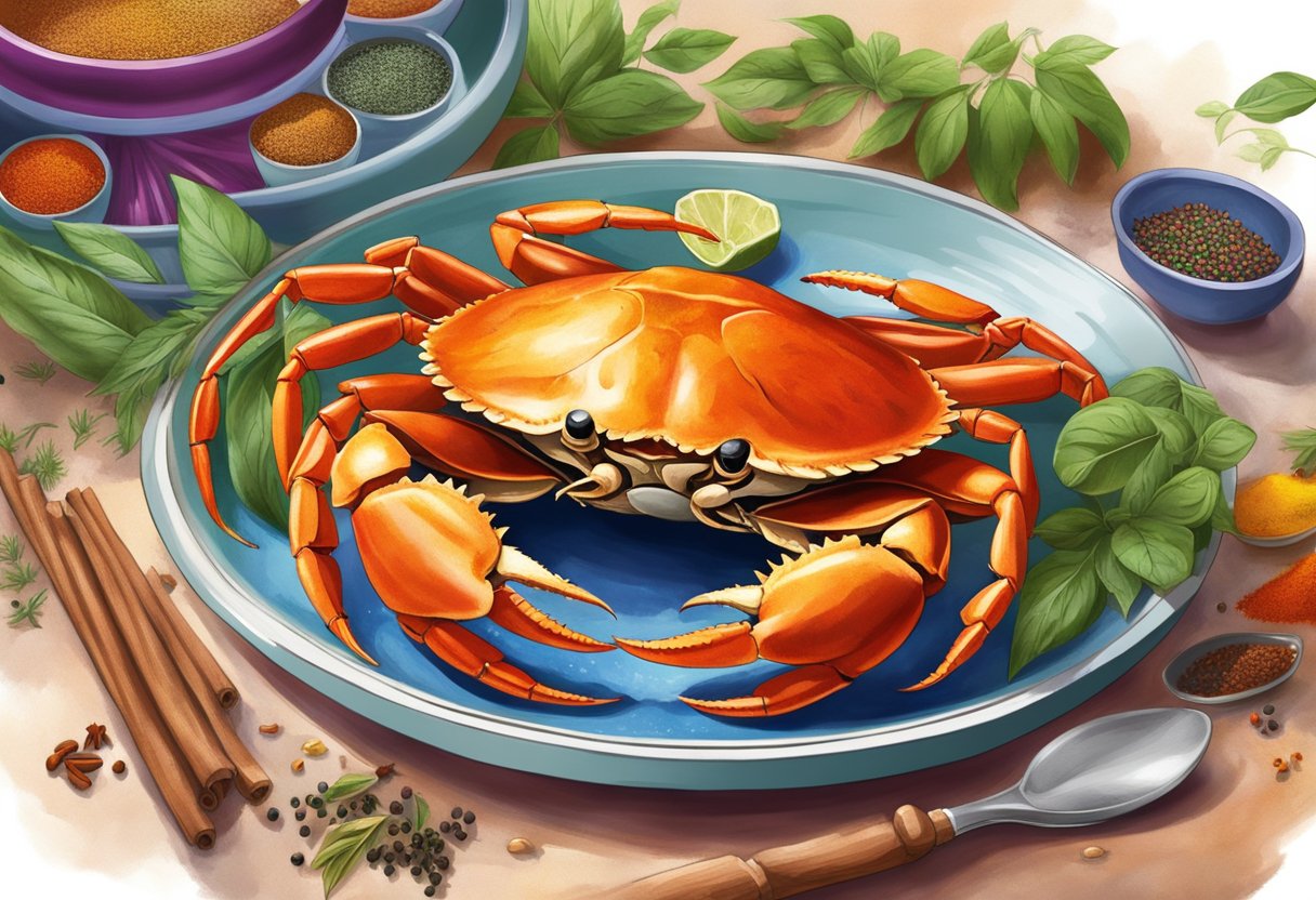A crab sits on a vibrant plate surrounded by colorful spices and herbs, with a steaming pot in the background