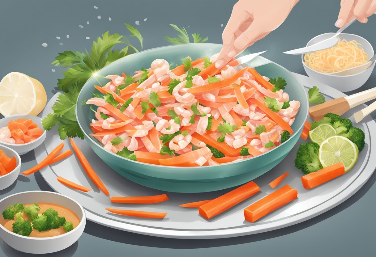 Crab sticks being chopped and added to a stir-fry dish