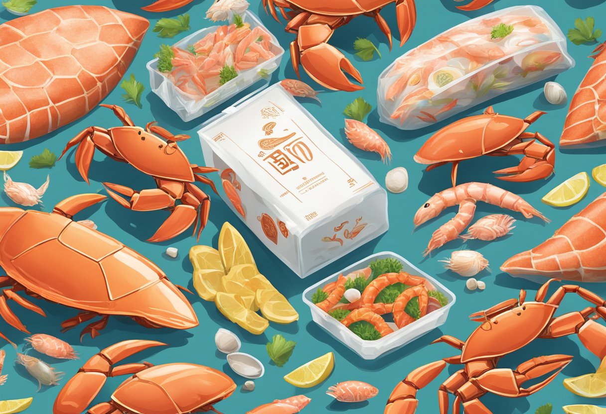 A crab stick package surrounded by question marks and a curious crowd of seafood items