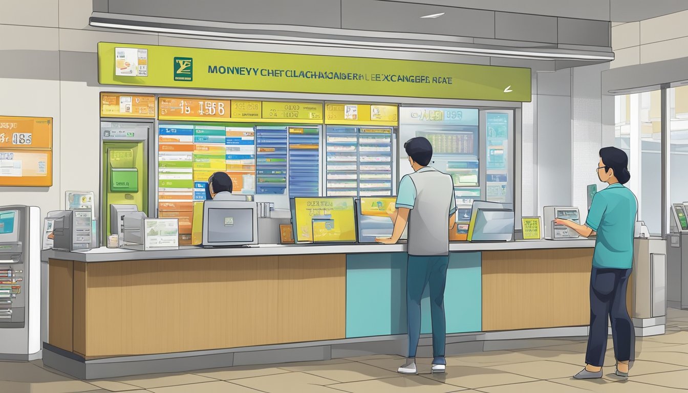 A customer approaches the counter at Jurong Money Changer in Singapore. The staff member counts out bills and hands them over, while the customer carefully inspects the currency exchange rate board on the wall