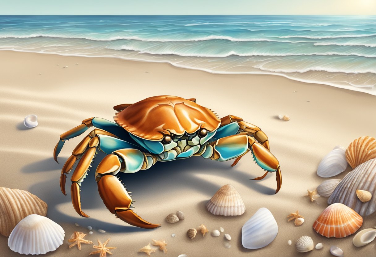 A crab standing on a sandy beach, surrounded by scattered seashells and ocean waves in the background