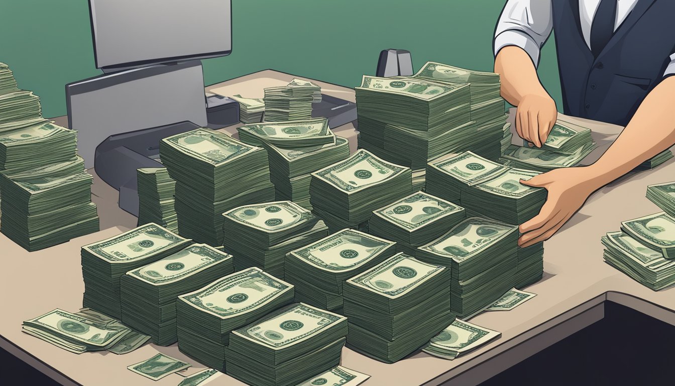 A money lender counting stacks of cash on a desk