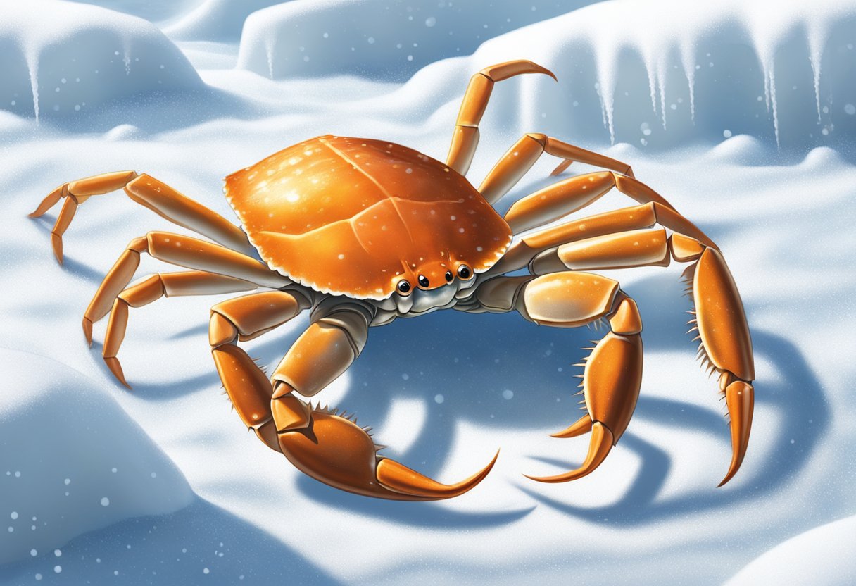 A snow crab with spiky legs scuttles across a bed of icy white snow, its shell glistening in the sunlight