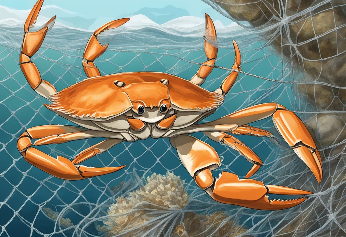 Snow crab being caught in a sustainable fishing net, with other marine life nearby