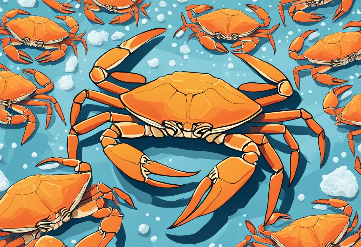 A snow crab surrounded by question marks, with a sign reading "Frequently Asked Questions" in a seafood market