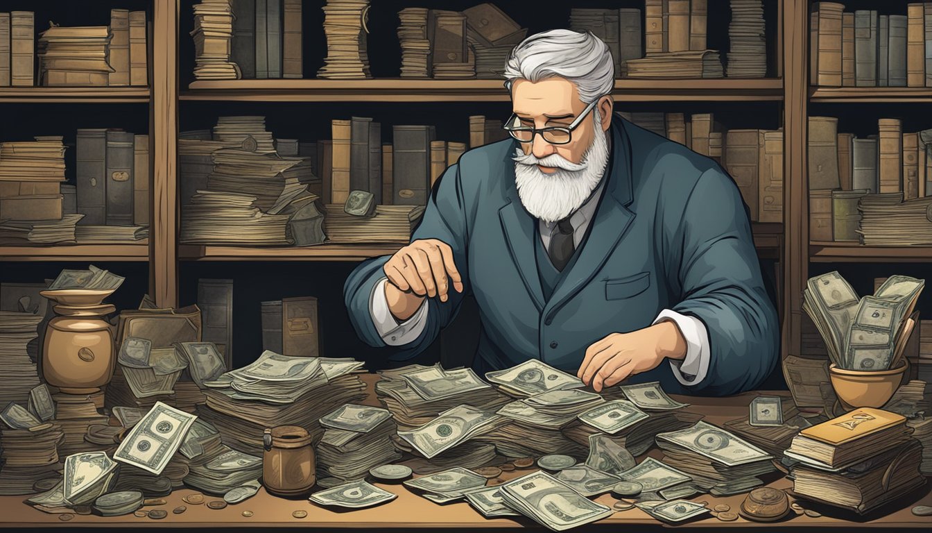 A money lender counting coins at a cluttered desk, with a scale and ledger, surrounded by shelves of dusty old books and scrolls
