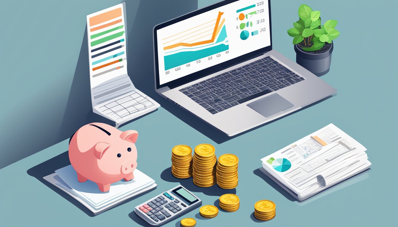 A desk with a laptop, calculator, and paperwork. A piggy bank and a stack of coins on the side. A chart showing financial growth on the wall