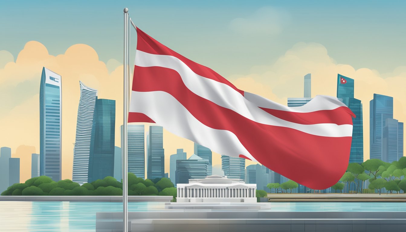 A Singaporean flag waves in front of a bank, with a stack of T-bills in the foreground. The city skyline is visible in the background