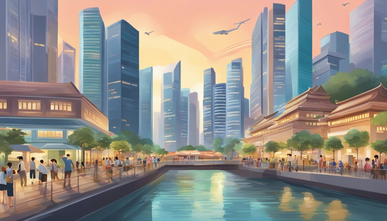The bustling city of Singapore is depicted with soaring prices, financial charts, and stressed individuals navigating the high cost of living