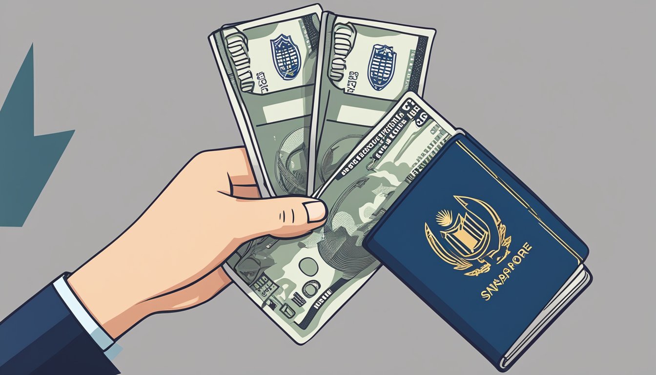 A hand holding a passport and a stack of currency, with arrows pointing from Singapore to Malaysia