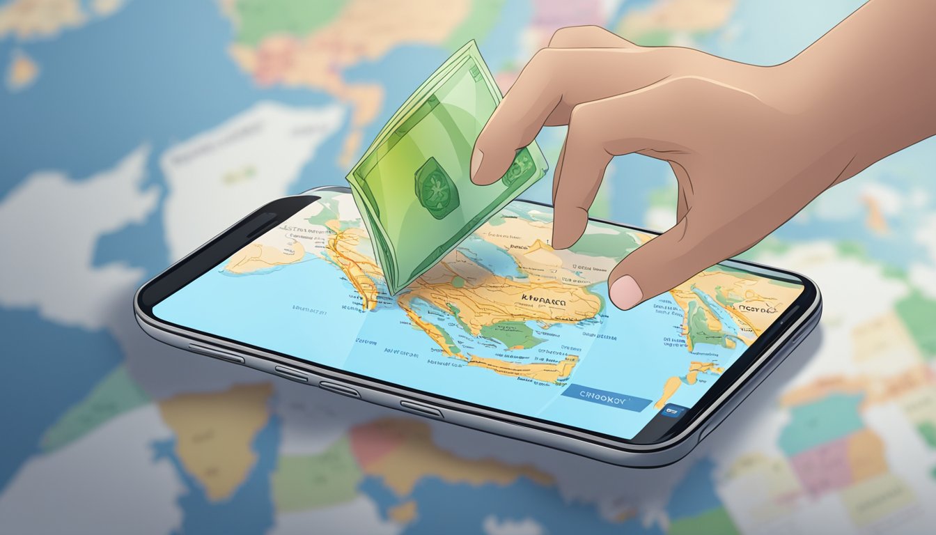 A hand holds a smartphone with currency exchange app open, with a map of Singapore and Malaysia in the background