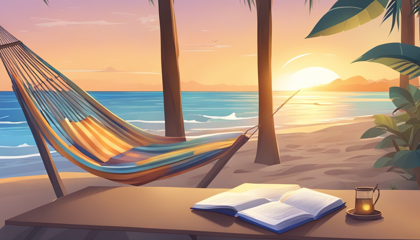 A serene beach with a hammock, a book, and a sunset. A stack of financial documents and a calculator on a table