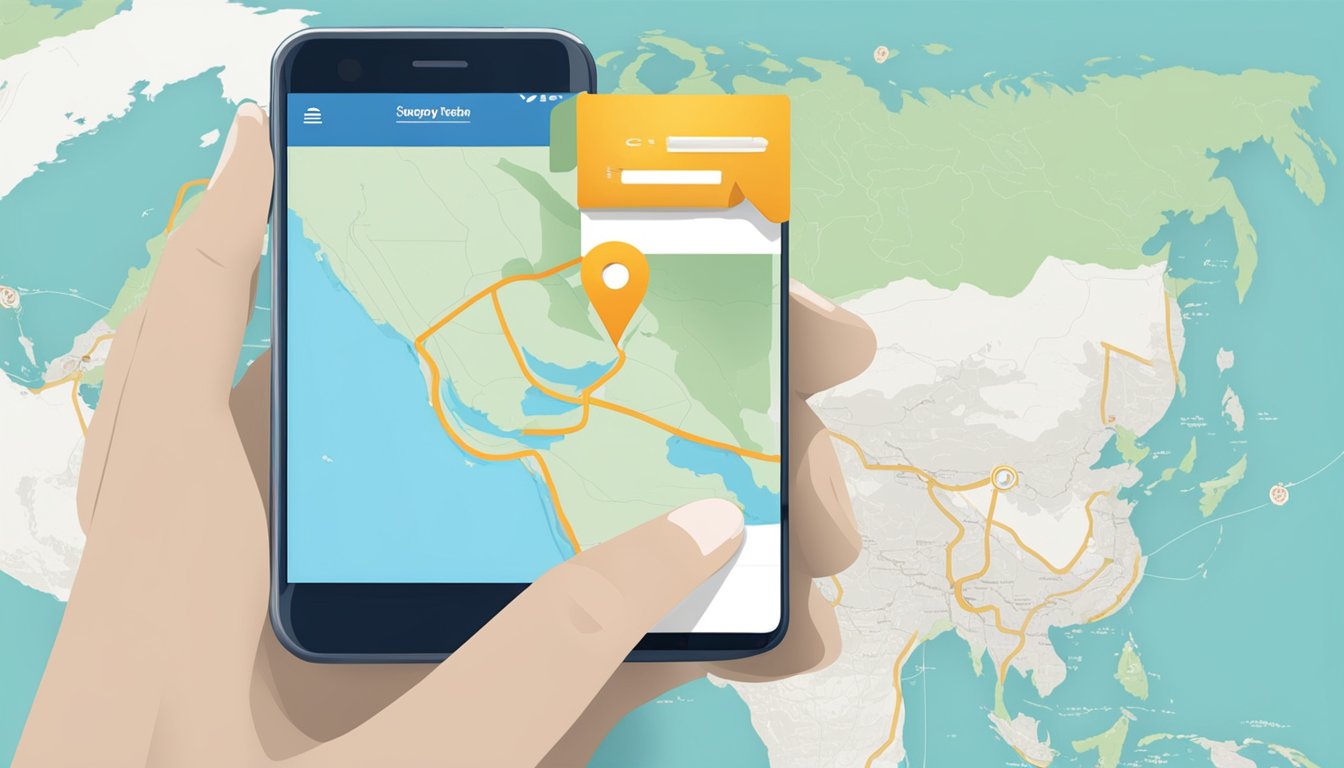 A hand holding a smartphone with a money transfer app open, with a map showing the route from Singapore to Malaysia in the background