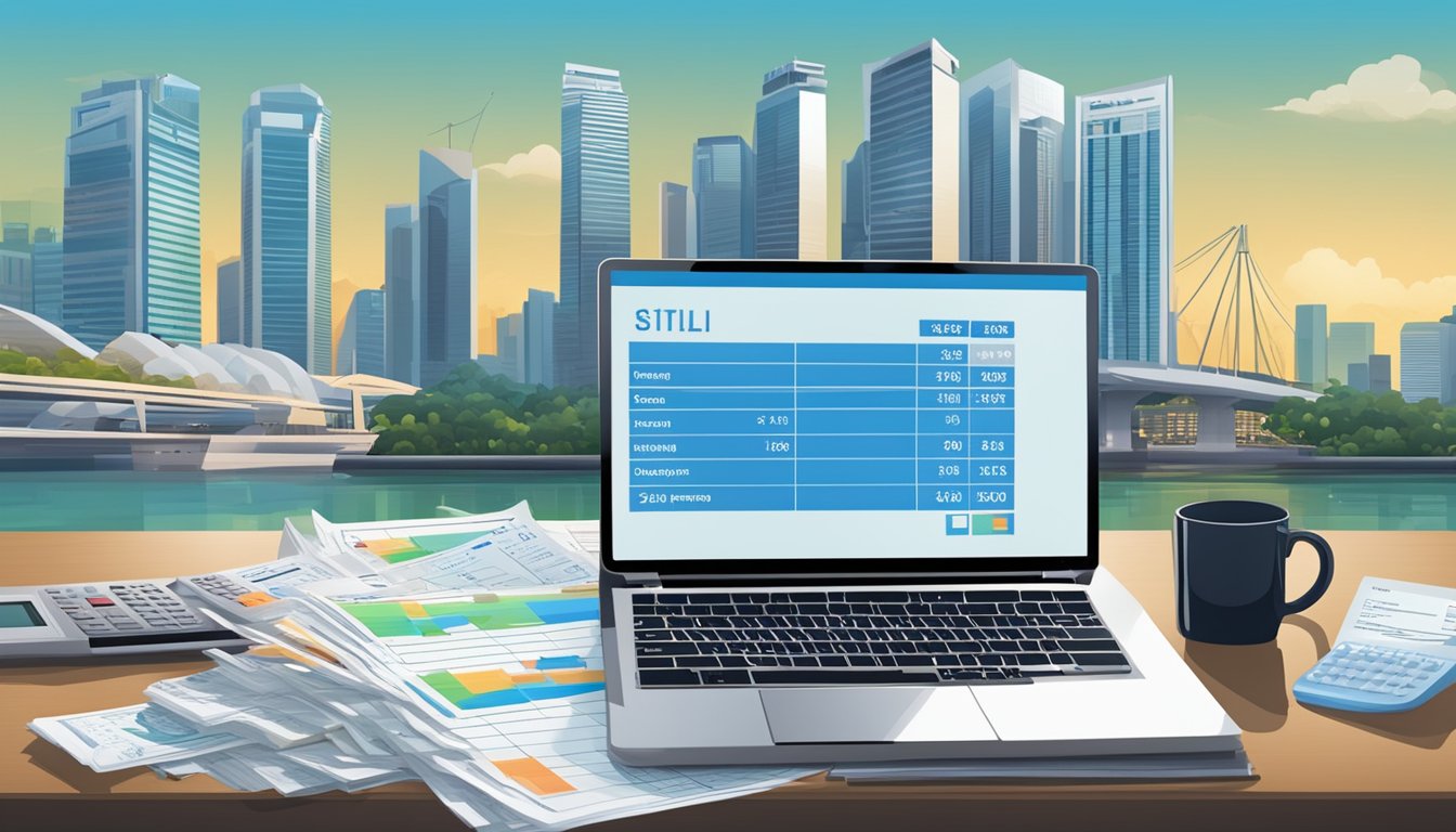 A table with a pile of bills and receipts, a calculator, and a laptop displaying income and expenditure graphs, set against the backdrop of the Singapore city skyline