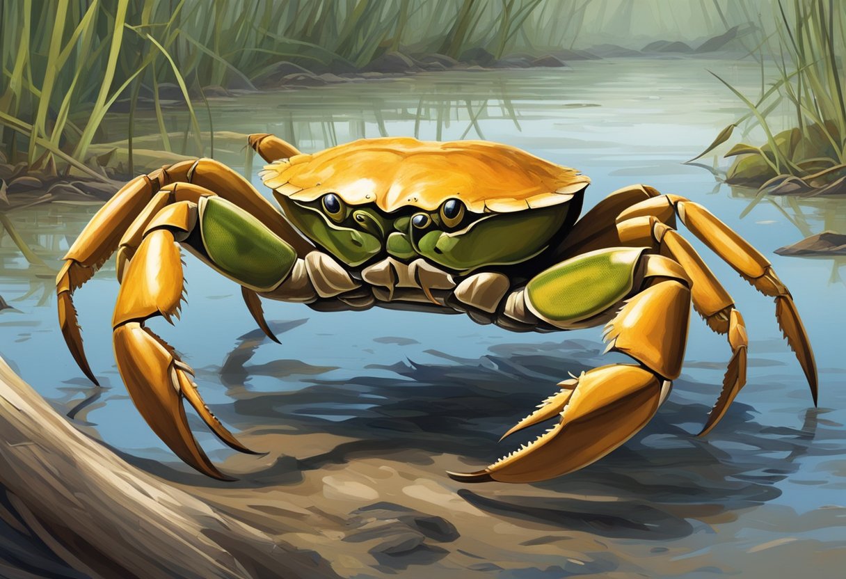 A mud crab scuttles across a muddy mangrove swamp, its sharp claws ready to snatch up prey. The dense tangle of roots and foliage provides ample cover for the crab to hide and hunt