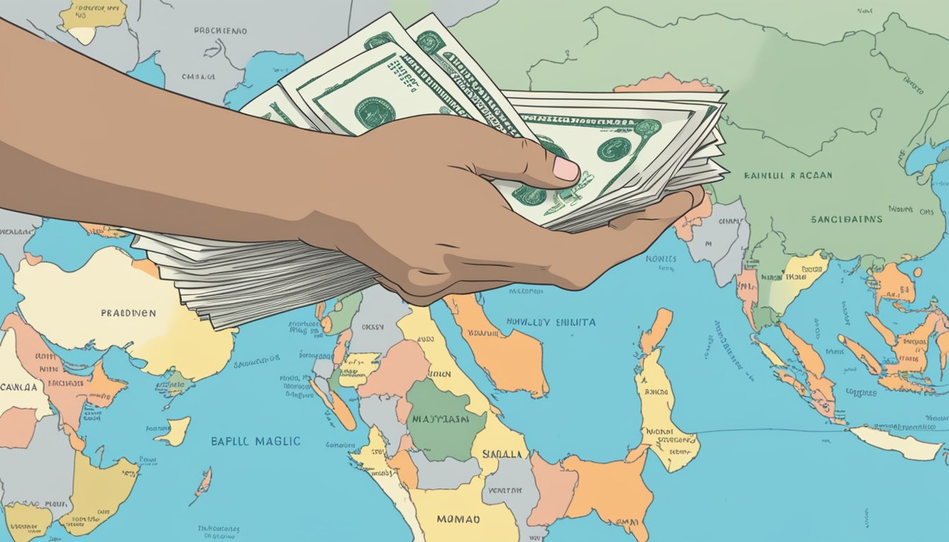 A hand holding a stack of Singaporean dollars transferring to Malaysian ringgit. A map of both countries in the background