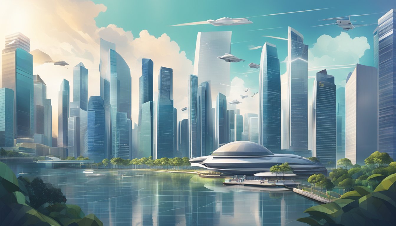 A futuristic cityscape of Singapore with soaring skyscrapers and digital financial interfaces, juxtaposed against a backdrop of rising costs of living