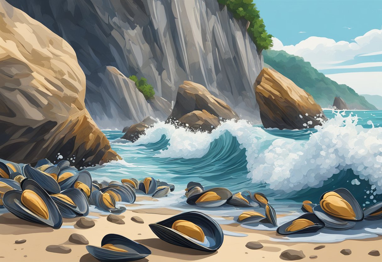 Sea waves crash against rocks, revealing clusters of mussels clinging to the shore in Singapore
