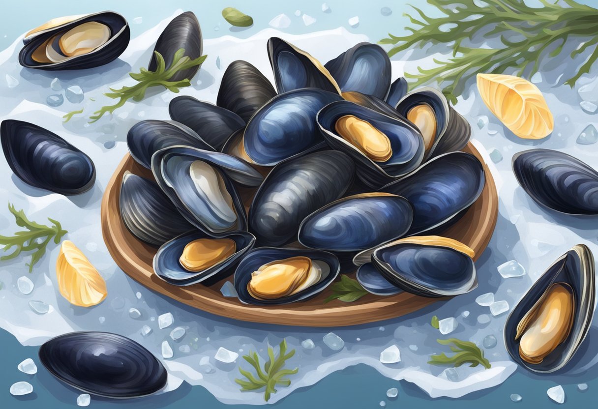 A pile of closed mussels sits on a bed of ice, surrounded by scattered shells and seaweed