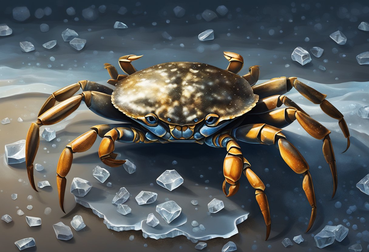 A live mud crab sits on a bed of crushed ice, its sharp claws raised and ready to defend itself. Its dark, mottled shell glistens in the light, and water droplets cling to its spiky legs
