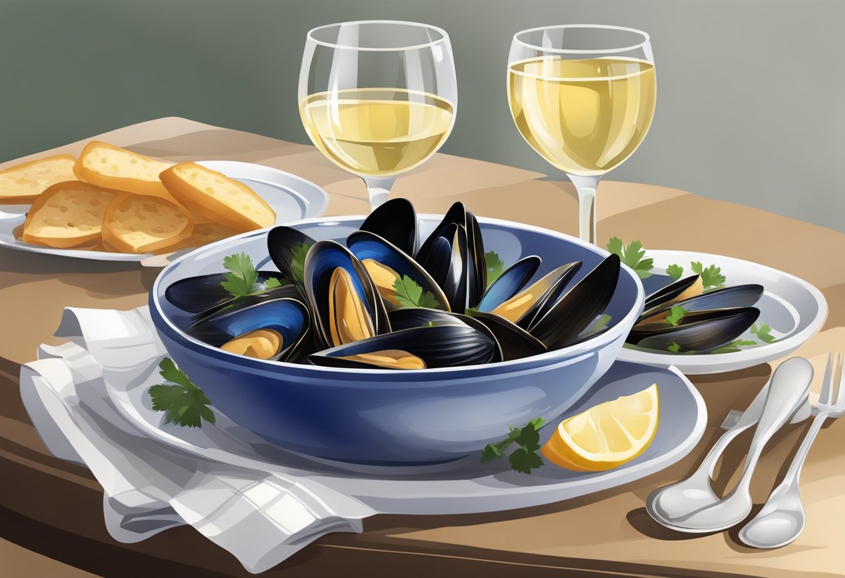 A table set with a bowl of steamed mussels in a fragrant broth, accompanied by a glass of white wine