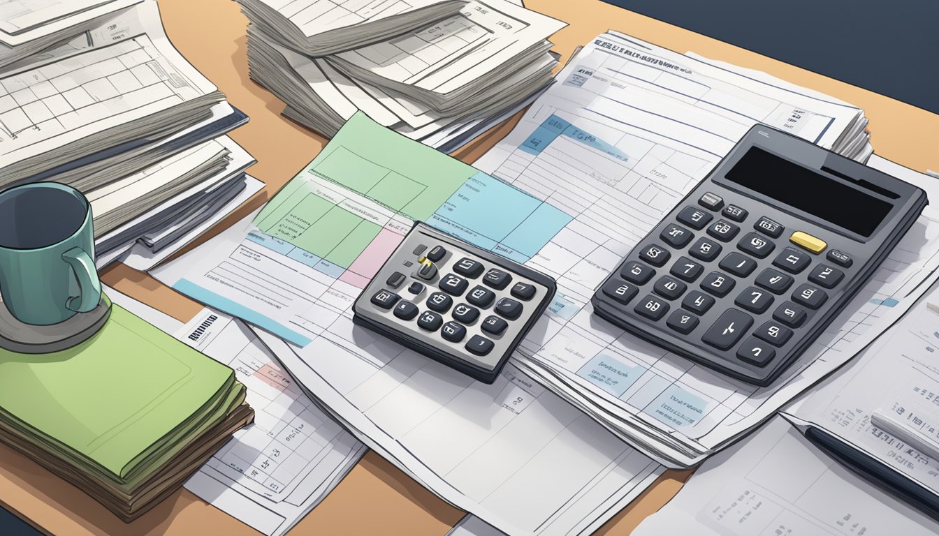 A stack of Singaporean T-bills surrounded by financial documents and a calculator on a desk