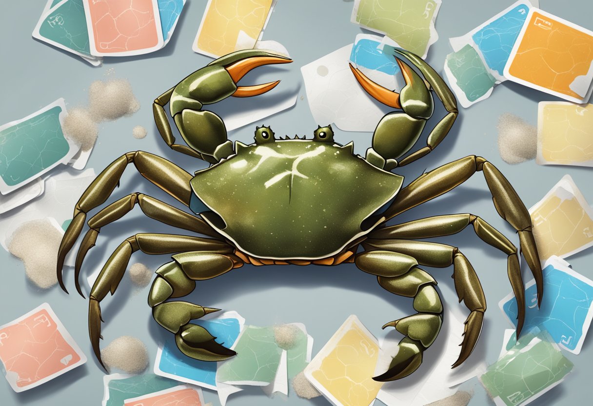 A mud crab with raised claws, surrounded by scattered FAQ cards