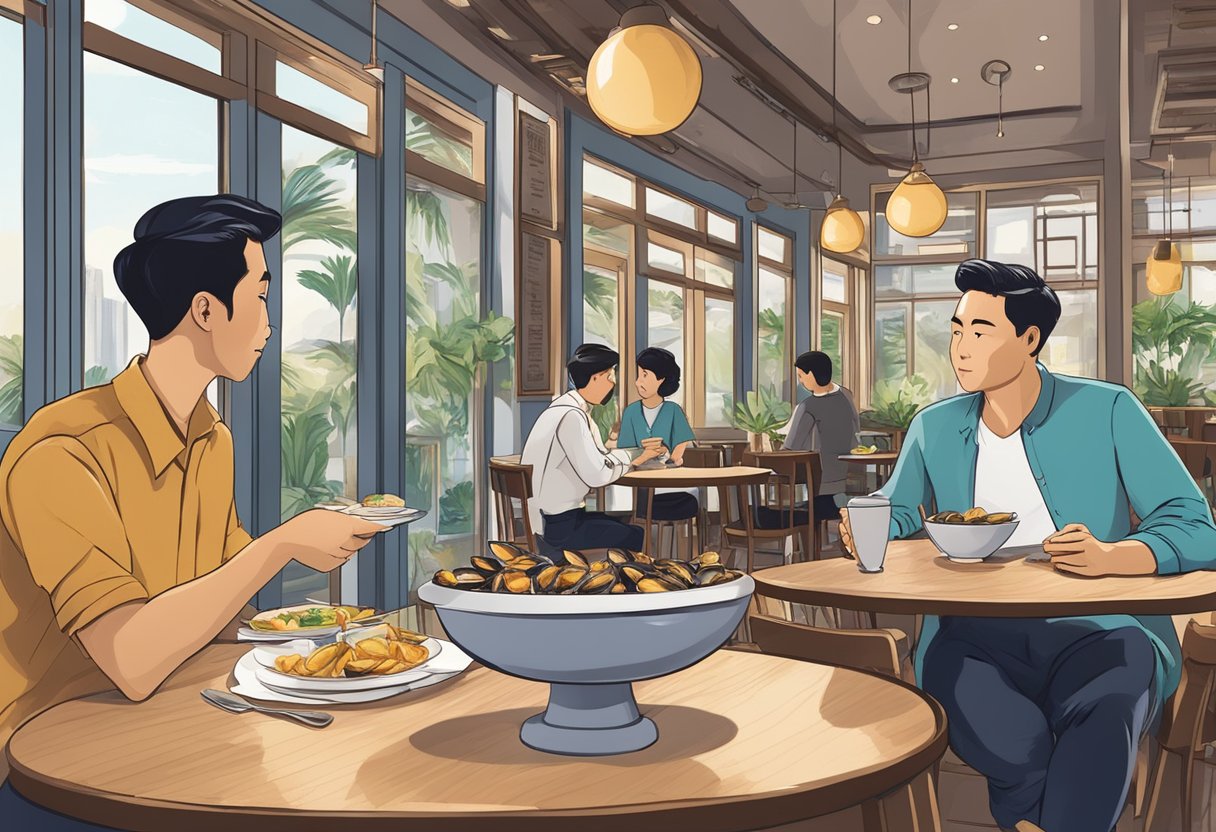 A table with a bowl of mussels, a menu, and a customer asking questions to a waiter in a Singaporean restaurant