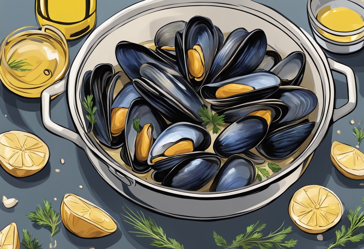 Mussels being cleaned, debearded, and placed in a pot with white wine, garlic, and herbs. The pot is then covered and simmered until the mussels open