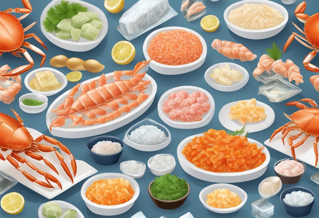 Crab meat displayed on ice, with various types and selections arranged neatly on a platter