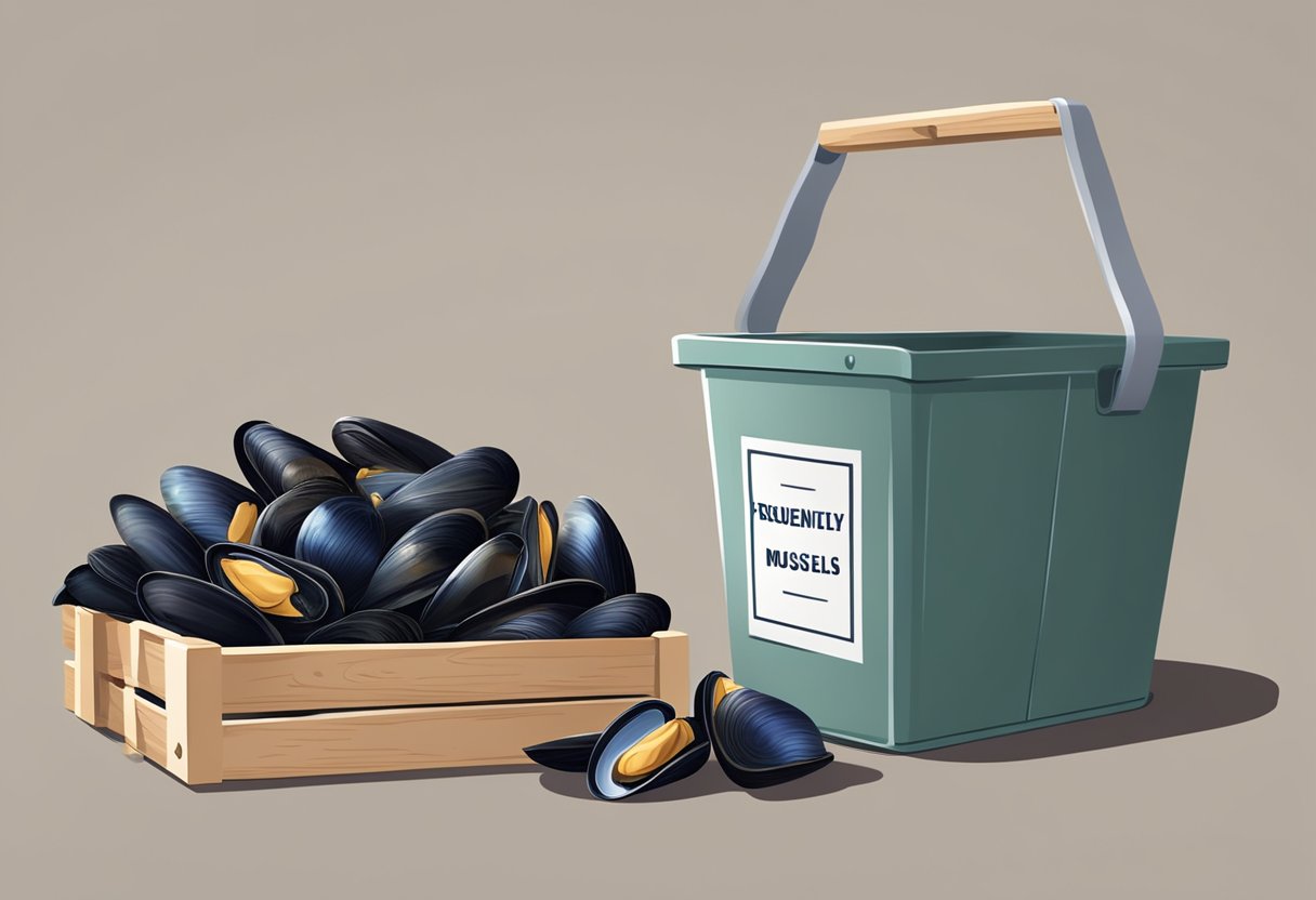 A pile of mussels in a wooden crate with a sign reading "Frequently Asked Questions mussels" next to a small bucket of water