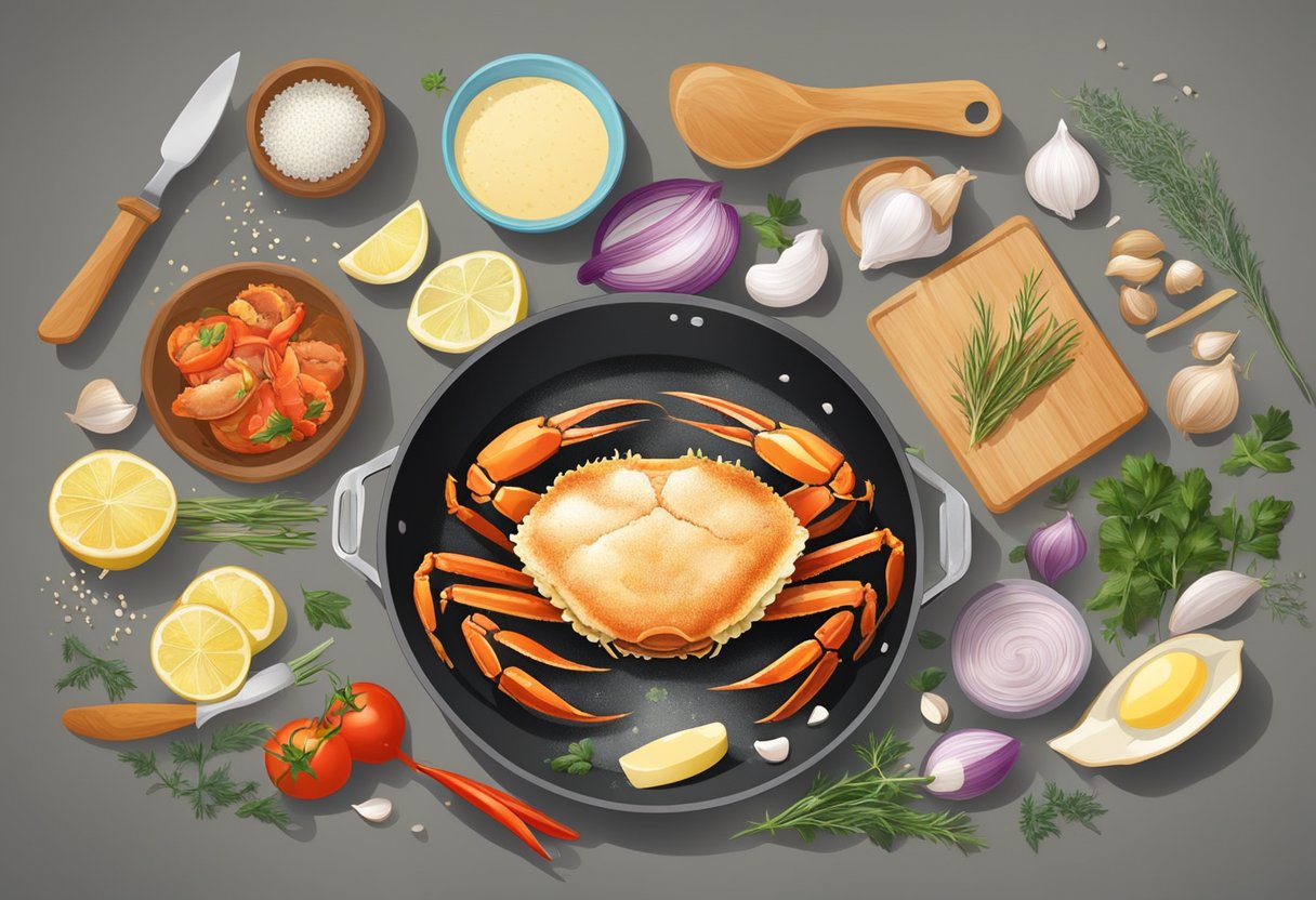 Crab meat being sautéed in a sizzling pan with garlic, butter, and herbs, surrounded by a variety of colorful ingredients and cooking utensils