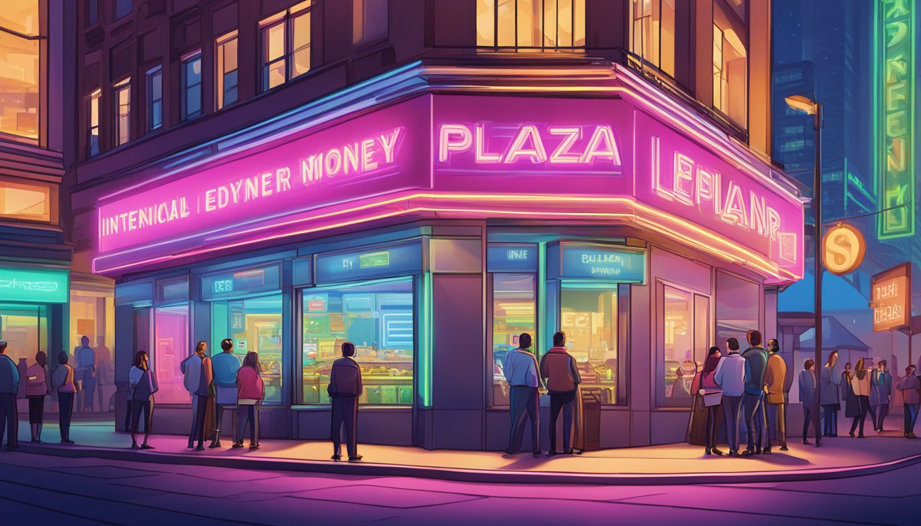 The international plaza money lender sign glows neon against the bustling city backdrop. A line of customers forms outside, eager for financial assistance