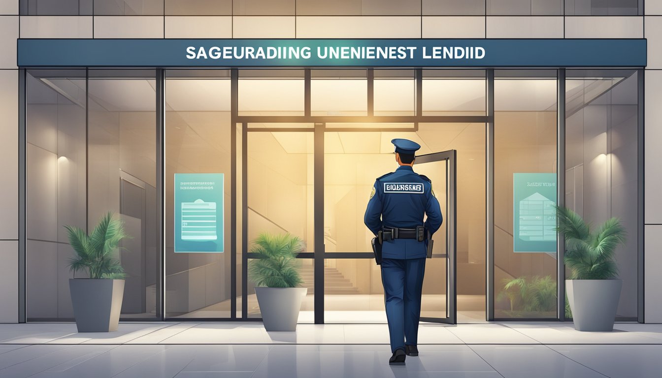A security guard patrols the entrance of a modern office building, with a prominent sign reading "Safeguarding Against Unlicensed Lending" displayed prominently
