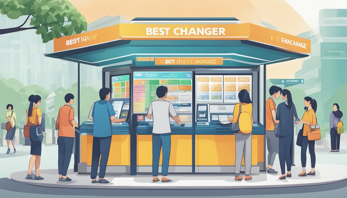 A bustling money exchange kiosk in Jurong, Singapore, with a prominent sign advertising "Best Money Changer." Customers queue up to exchange currency