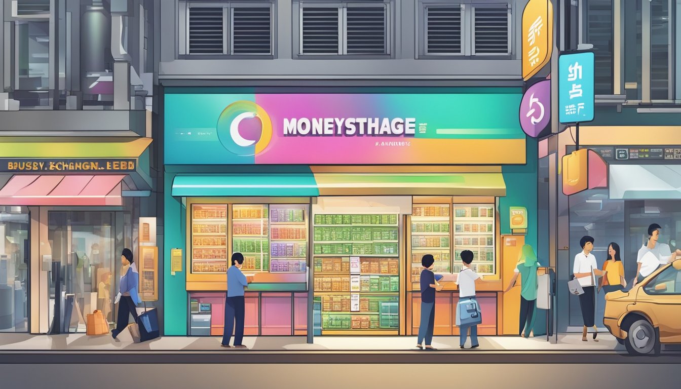 A vibrant and bustling money exchange shop in Jurong, Singapore, with a prominent sign advertising additional services offered