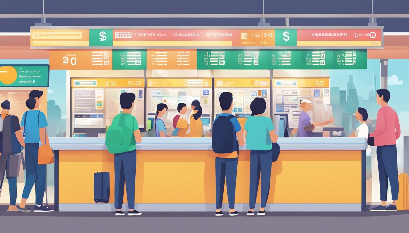 A bustling currency exchange booth in Jurong, Singapore, with colorful exchange rate displays and a line of customers, both locals and travelers, waiting to exchange their money