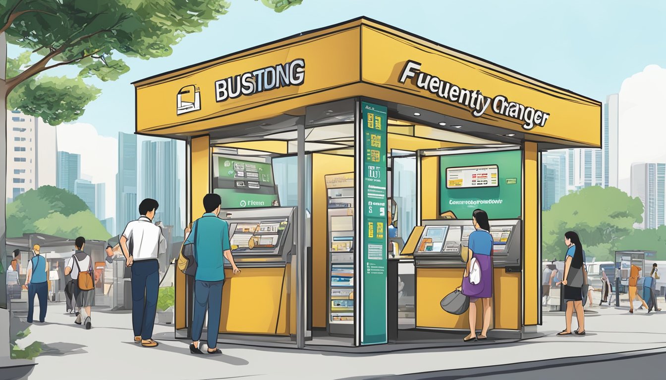 A bustling money changer booth in Jurong, Singapore, with a prominent "Frequently Asked Questions" sign