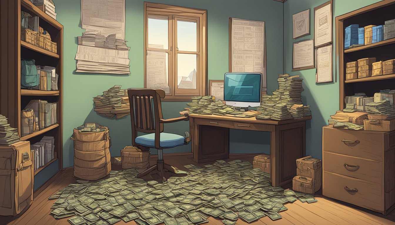 A small, cluttered room with a wooden desk and shelves filled with ledgers and coins. A sign on the wall reads "Khatib Money Lender." A scale and bags of money sit on the desk