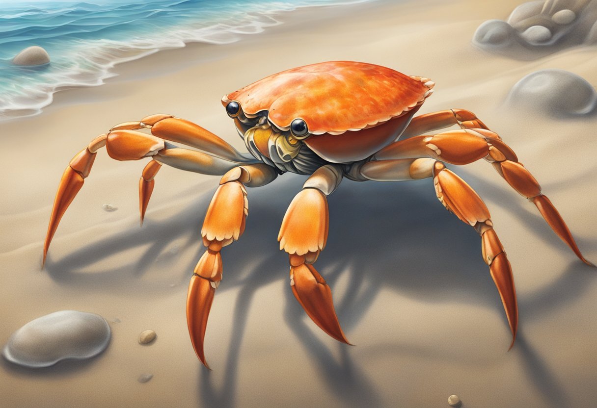 A Japanese crab with red-orange shell and long, spindly legs scuttling along the sandy ocean floor