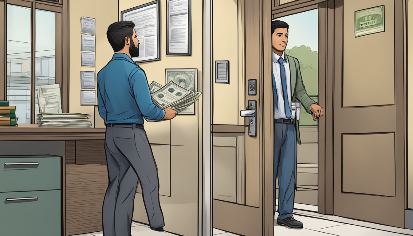 A khatib money lender displays license prominently in their office, while turning away unlicensed lenders at the door