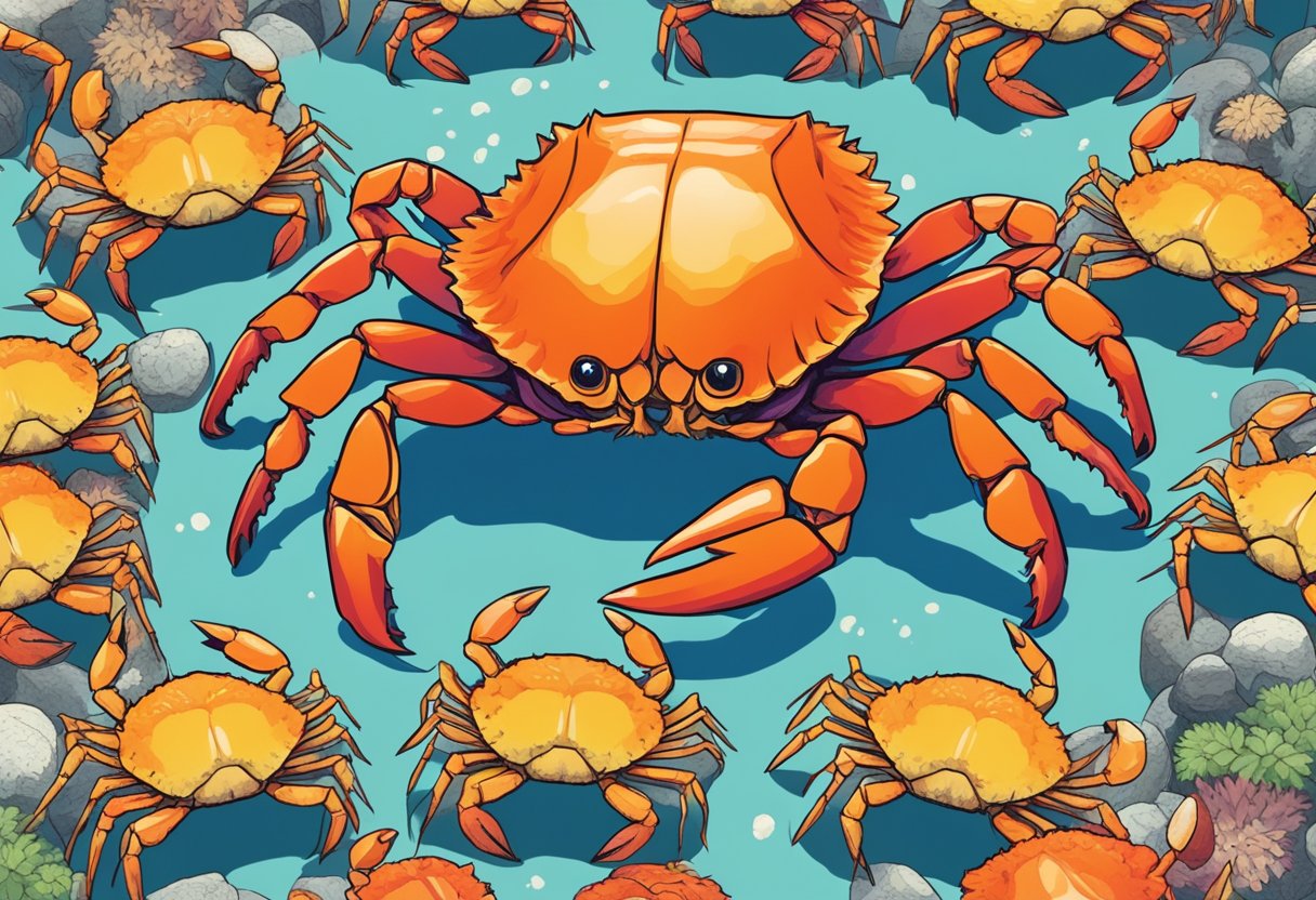 A colorful Japanese crab surrounded by question marks and a crowd of curious onlookers