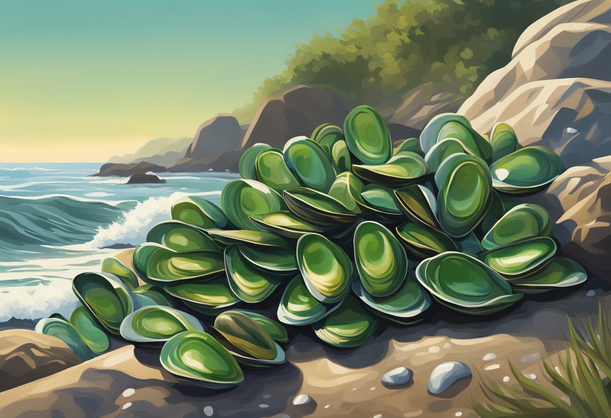 A cluster of green mussels clings to a rocky shoreline, their shells glistening in the sunlight. The waves gently wash over them, creating a serene and tranquil scene