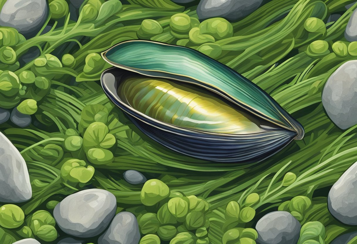 A green lipped mussel sits on a bed of vibrant green seaweed, surrounded by small rocks and gently rolling waves. The mussel shell is open, revealing the plump, juicy flesh inside