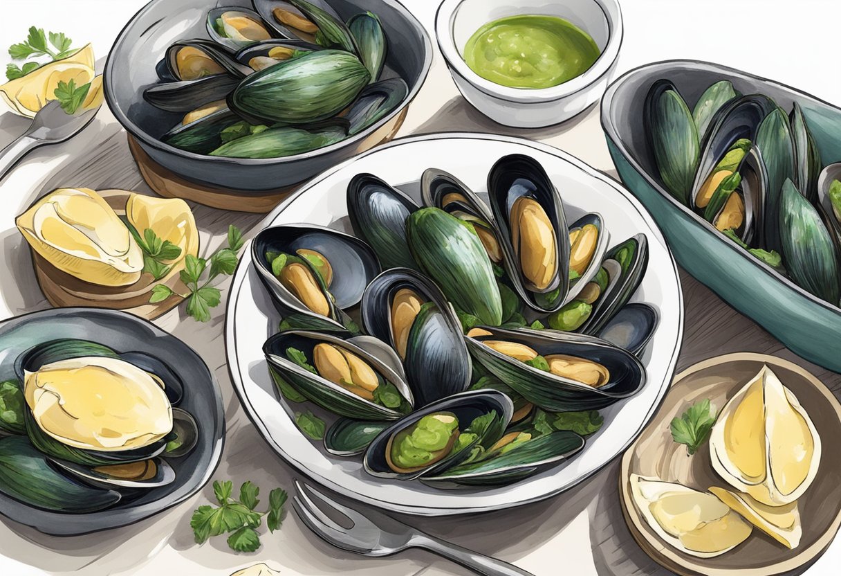 Green mussels being cleaned, steamed, and served with garlic butter